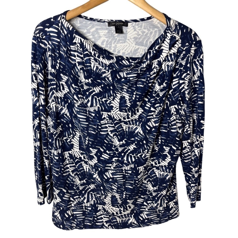 St John Printed Off The Shoulder Top Blue Size Large Three Quarter Sleeves